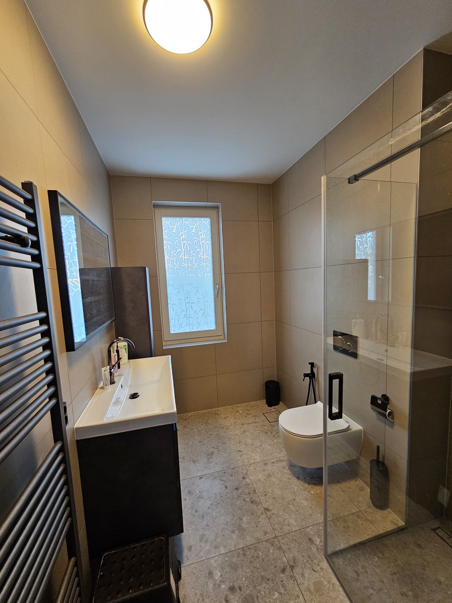 Overzicht van de gerenoveerde badkamer met wastafel, toilet en douche