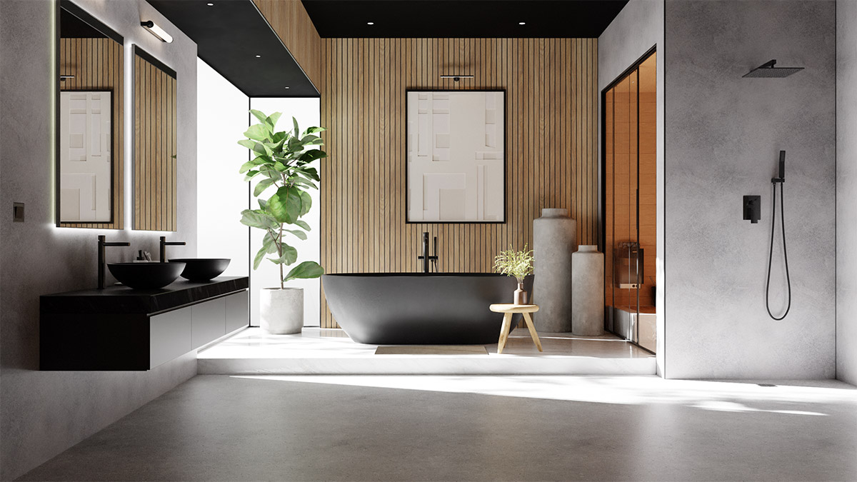 Moderne luxe badkamer met vrijstaand zwart bad, houten lamellenwand en betonlook wanden