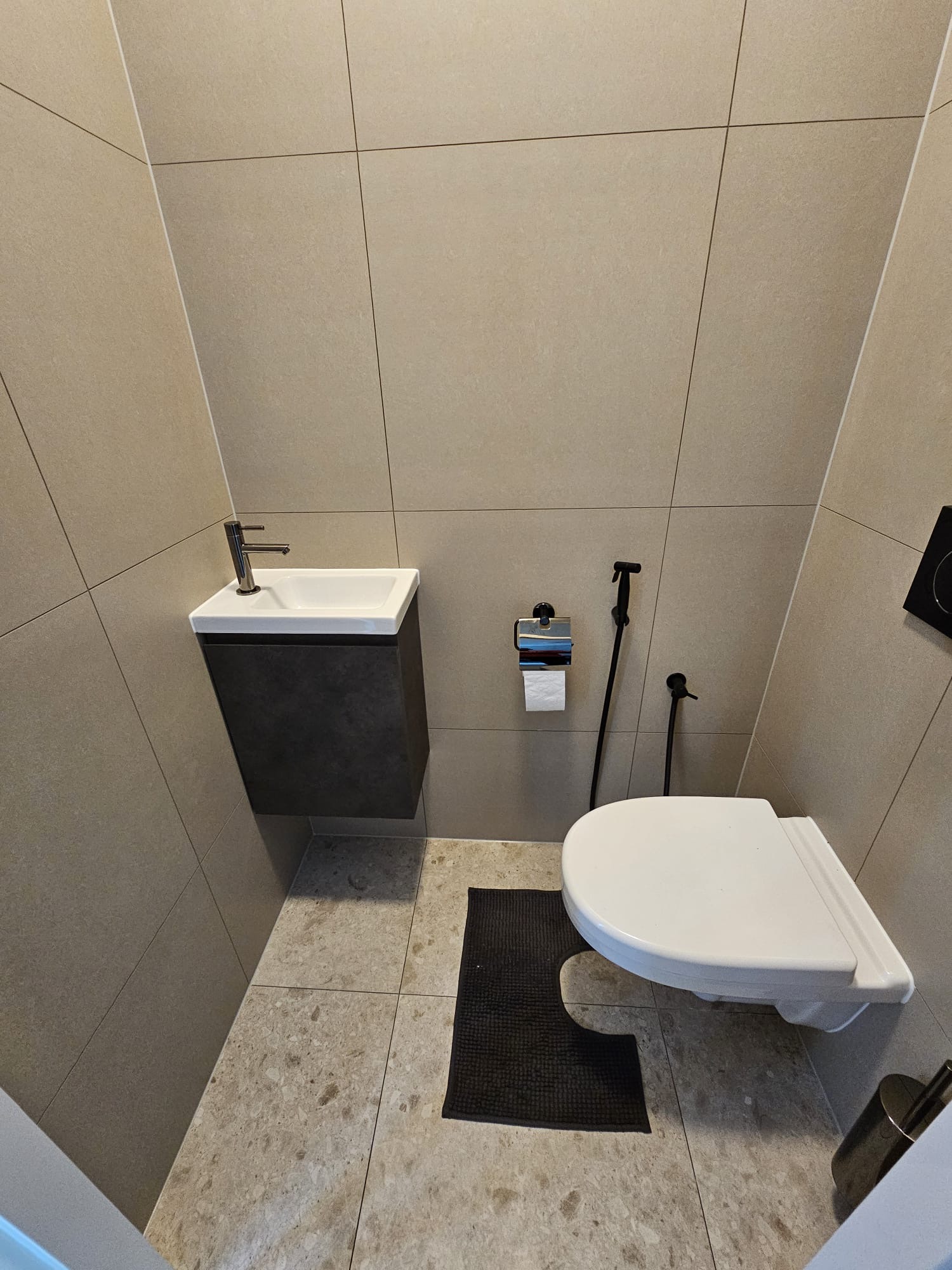 Gerenoveerd toilet met fonteintje en zwarte accessoires
