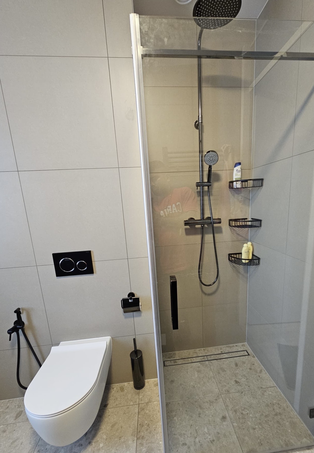 Hangtoilet naast gelijkvloerse inloopdouche met glazen wand