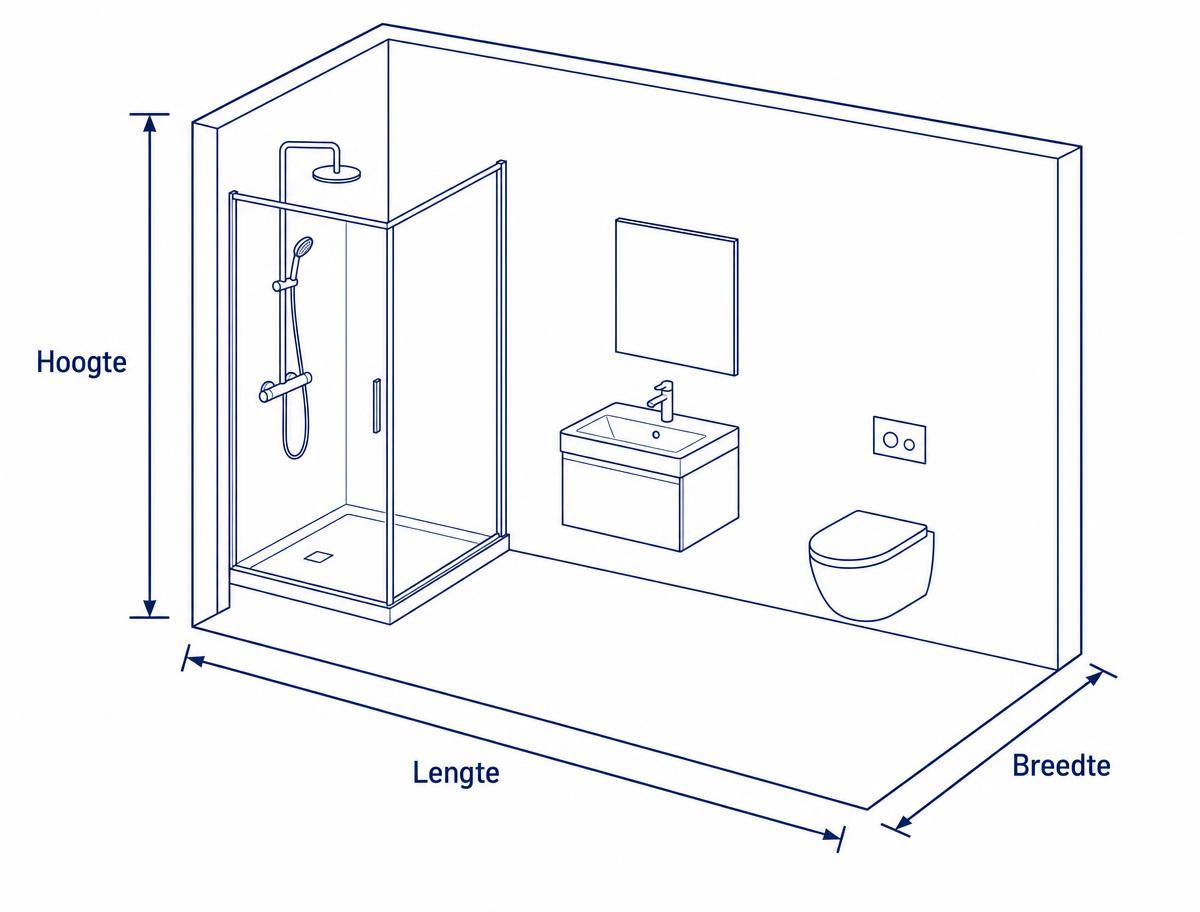 Lijntekening van een badkamer met de maatlijnen voor lengte, breedte en hoogte